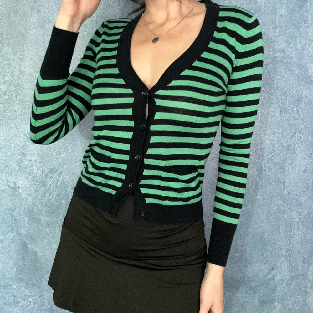 LOFT Green and Black Striped Cardigan